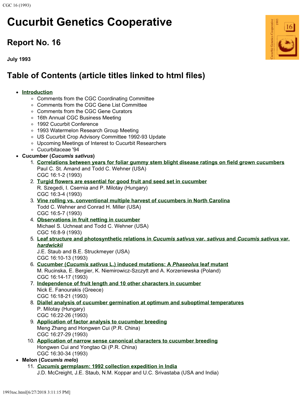 CGC 16 (1993) Cucurbit Genetics Cooperative