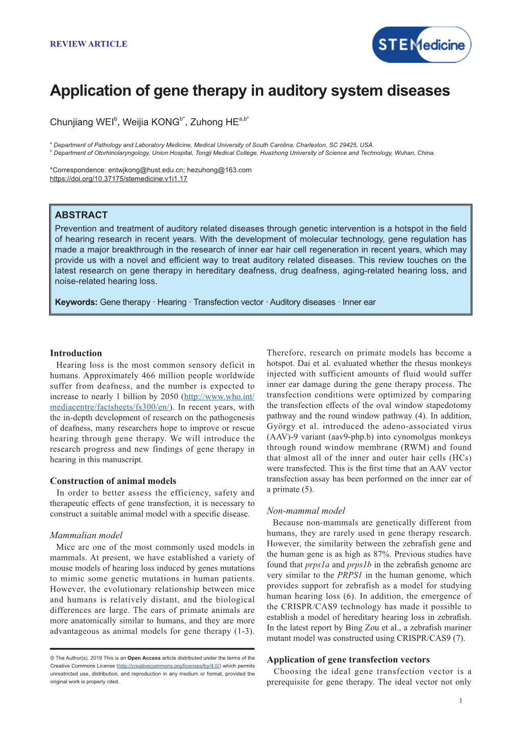 Application of Gene Therapy in Auditory System Diseases