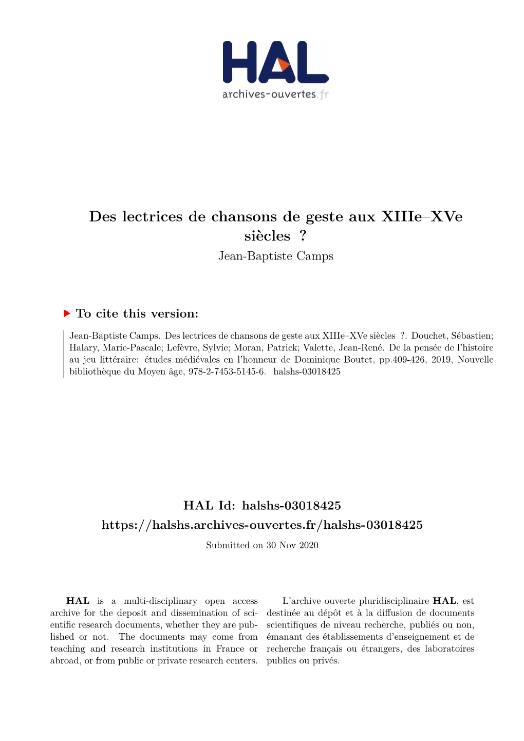 Des Lectrices De Chansons De Geste Aux Xiiie–Xve Siècles ? Jean-Baptiste Camps