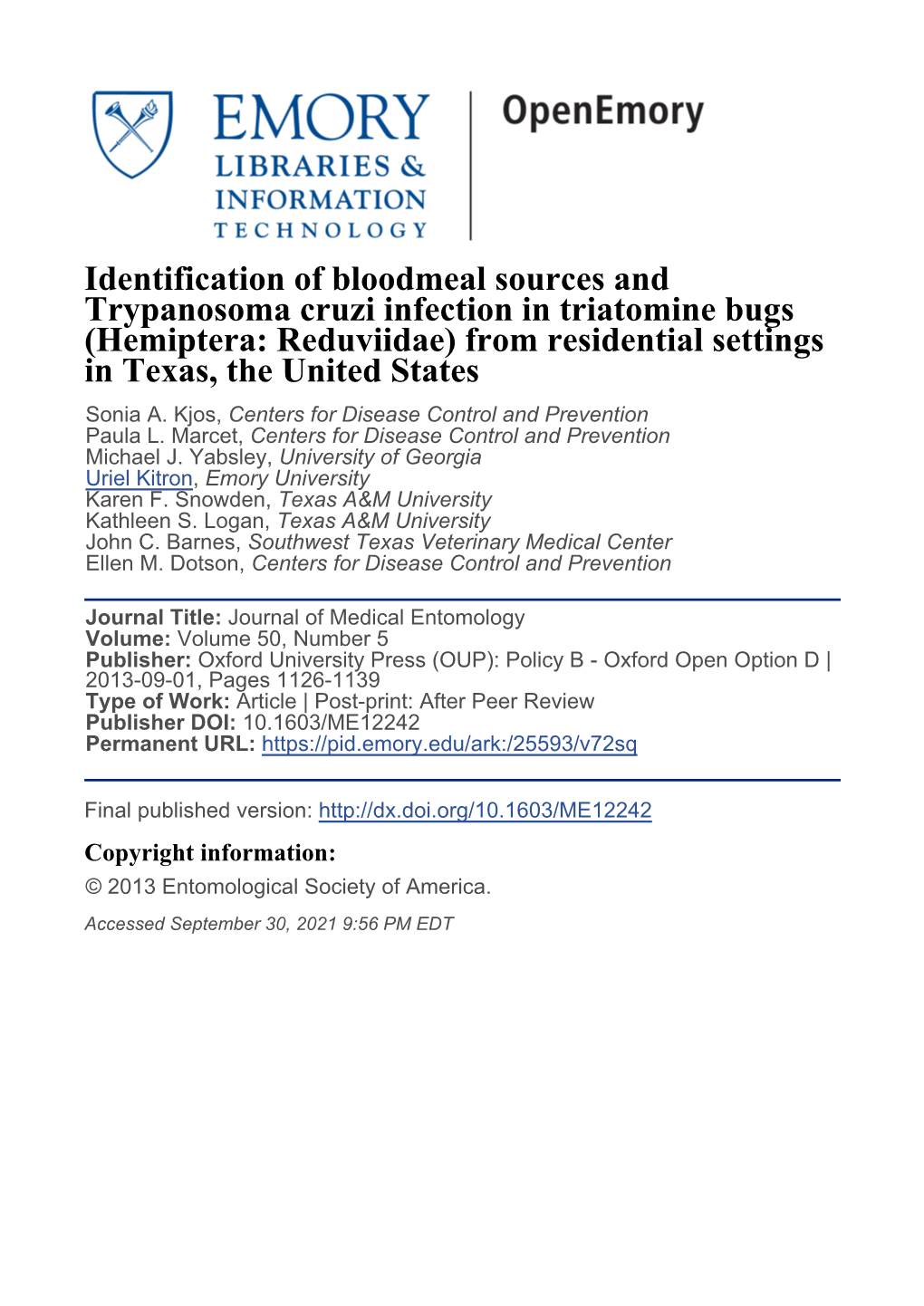 Identification of Bloodmeal Sources And