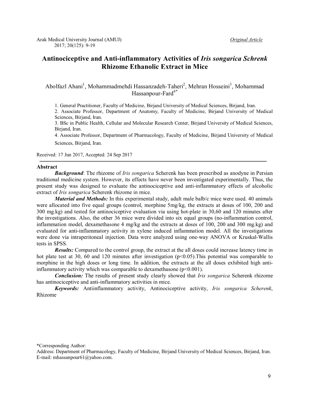 Antinociceptive and Anti-Inflammatory Activities of Iris Songarica Schrenk Rhizome Ethanolic Extract in Mice