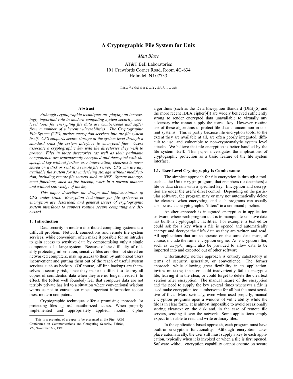 A Cryptographic File System for Unix