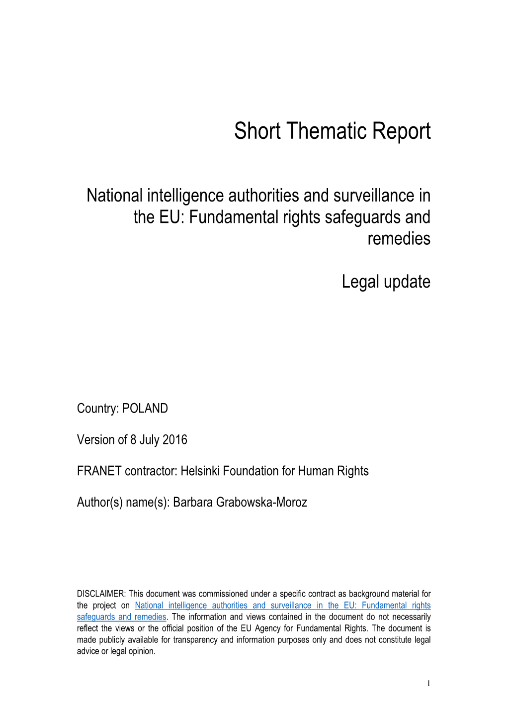 Short Thematic Report