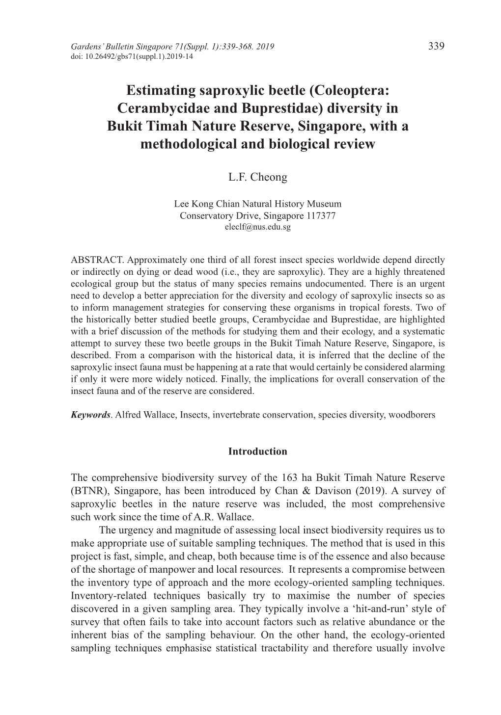 Coleoptera: Cerambycidae and Buprestidae) Diversity in Bukit Timah Nature Reserve, Singapore, with a Methodological and Biological Review