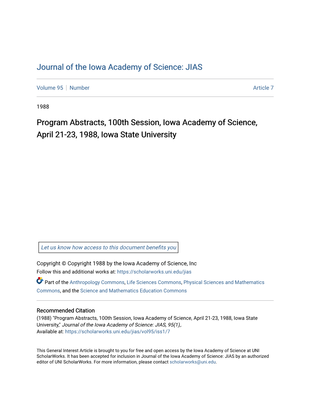 Program Abstracts, 100Th Session, Iowa Academy of Science, April 21-23, 1988, Iowa State University