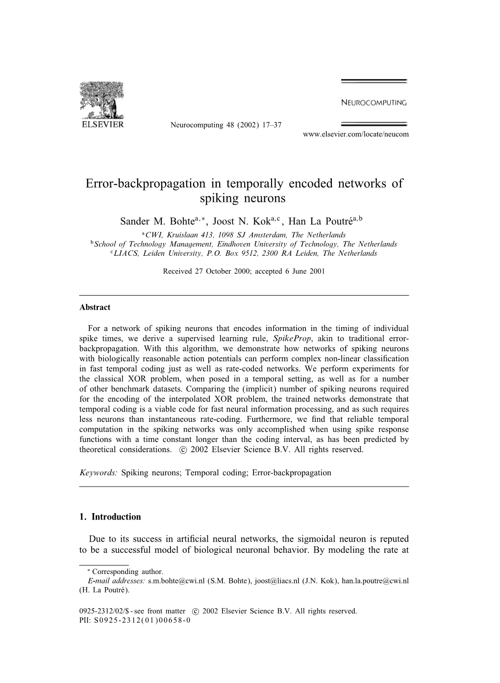 Error-Backpropagation in Temporally Encoded Networks of Spiking Neurons