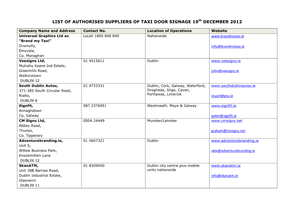 LIST of AUTHORISED SUPPLIERS of TAXI DOOR SIGNAGE 19Th DECEMBER 2012