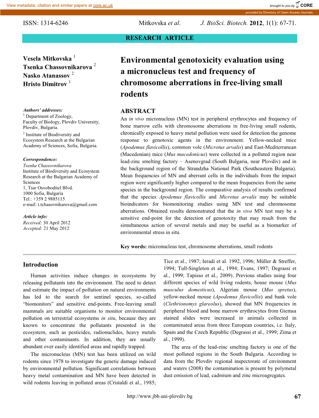 Environmental Genotoxicity Evaluation Using a Micronucleus Test And