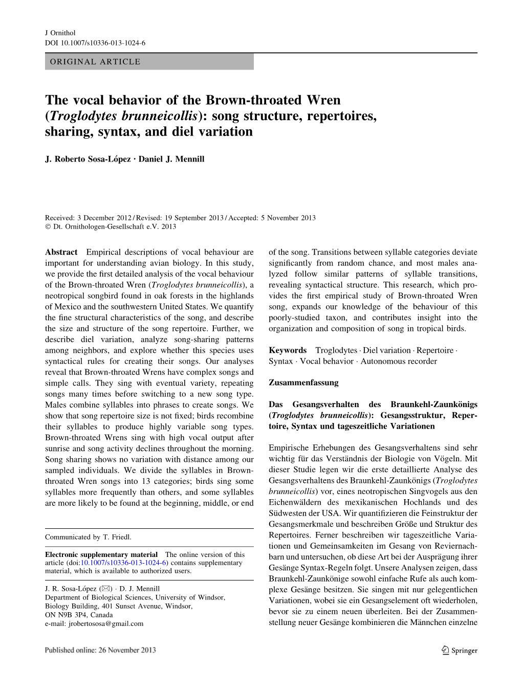 The Vocal Behavior of the Brown-Throated Wren (Troglodytes Brunneicollis): Song Structure, Repertoires, Sharing, Syntax, and Diel Variation