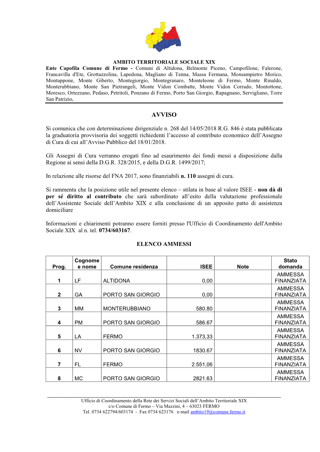 Graduatoria Provvisoria Dei Soggetti Richiedenti L’Accesso Al Contributo Economico Dell’Assegno Di Cura Di Cui All’Avviso Pubblico Del 18/01/2018