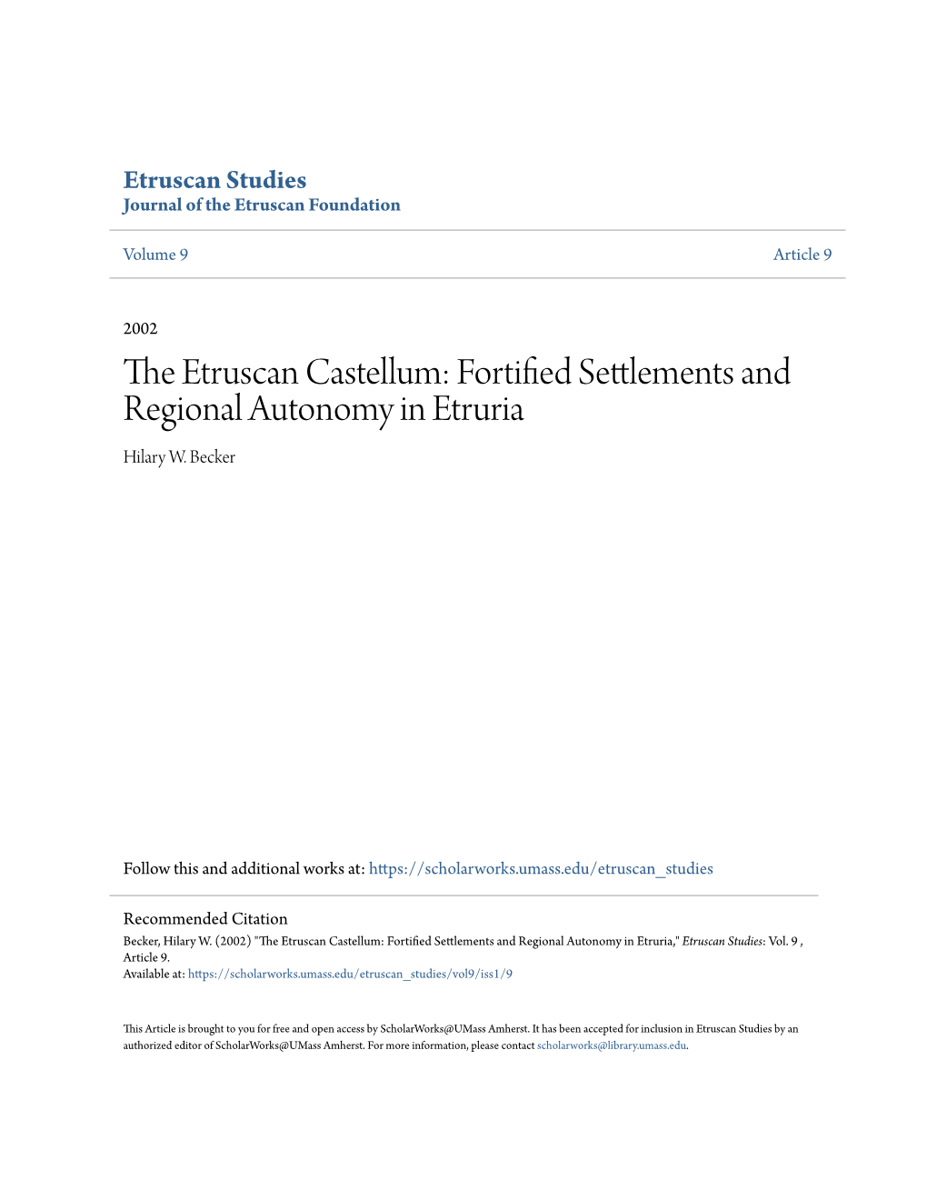 The Etruscan Castellum: Fortified Settlements and Regional