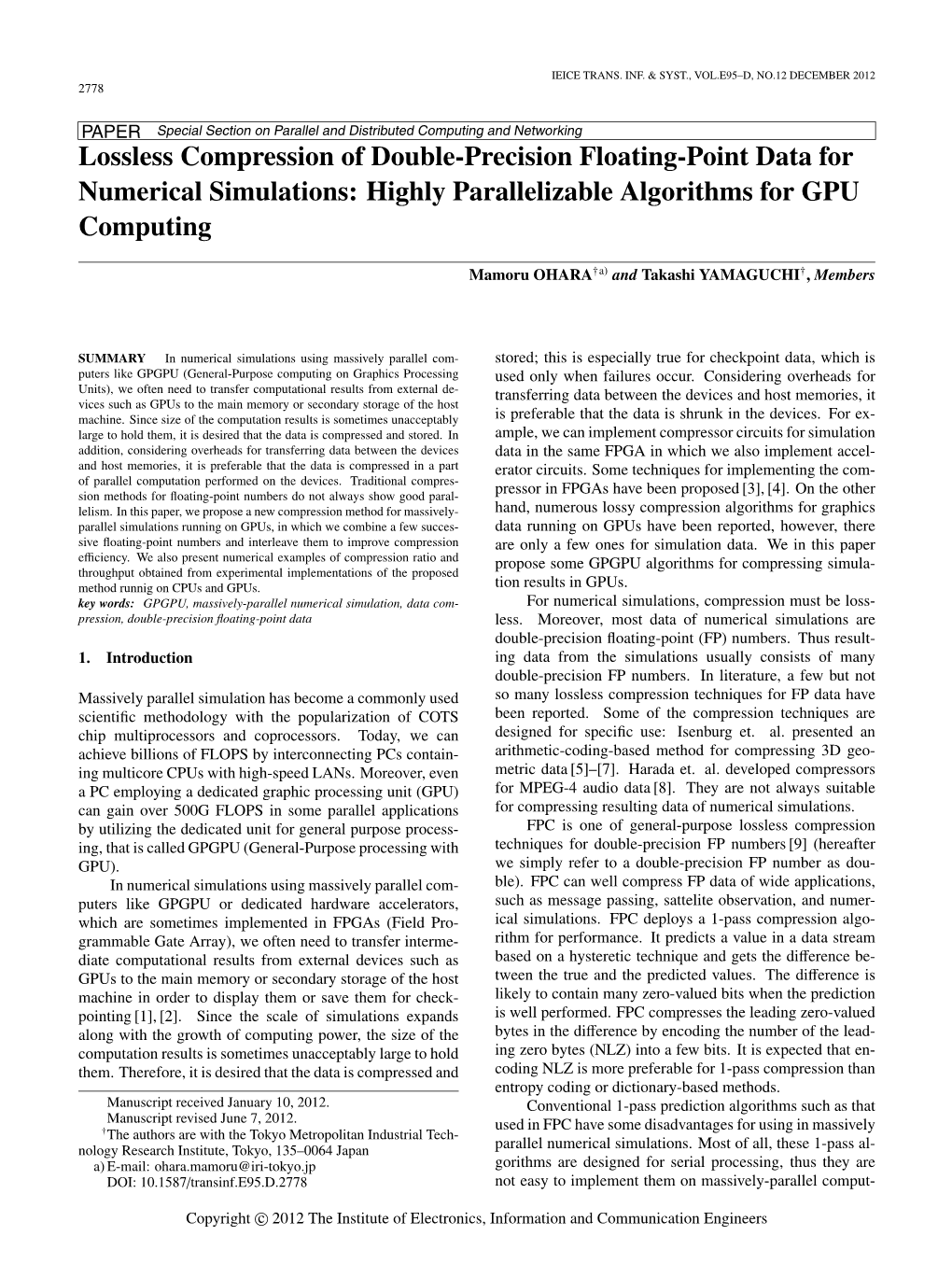 Lossless Compression of Double-Precision Floating-Point Data for Numerical Simulations: Highly Parallelizable Algorithms for GPU Computing