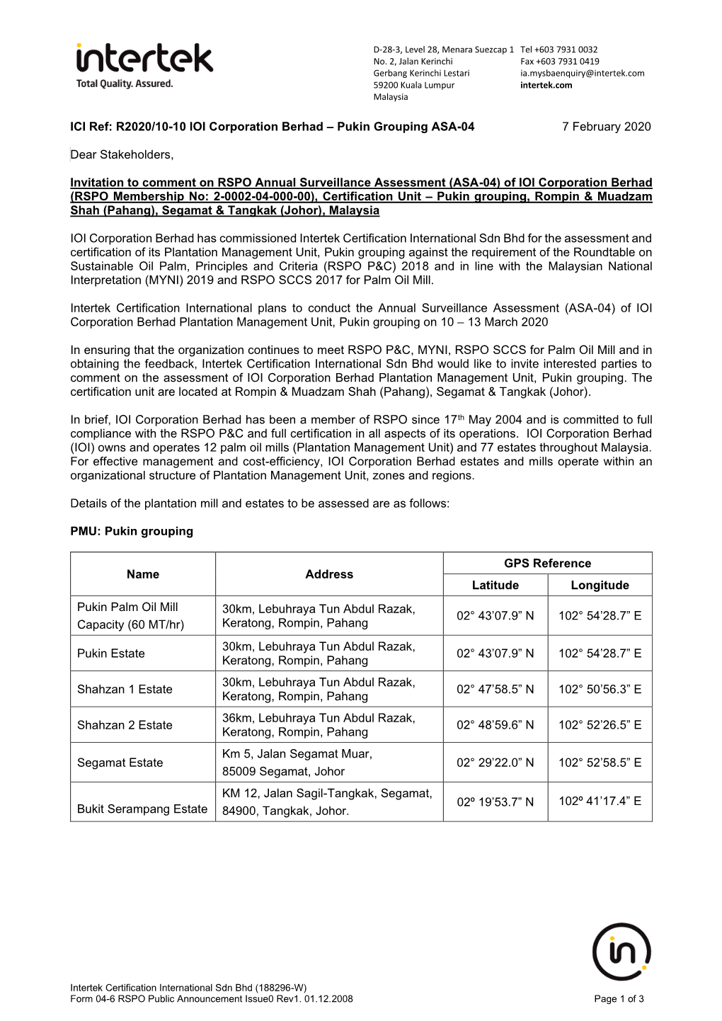 RSPO Notification