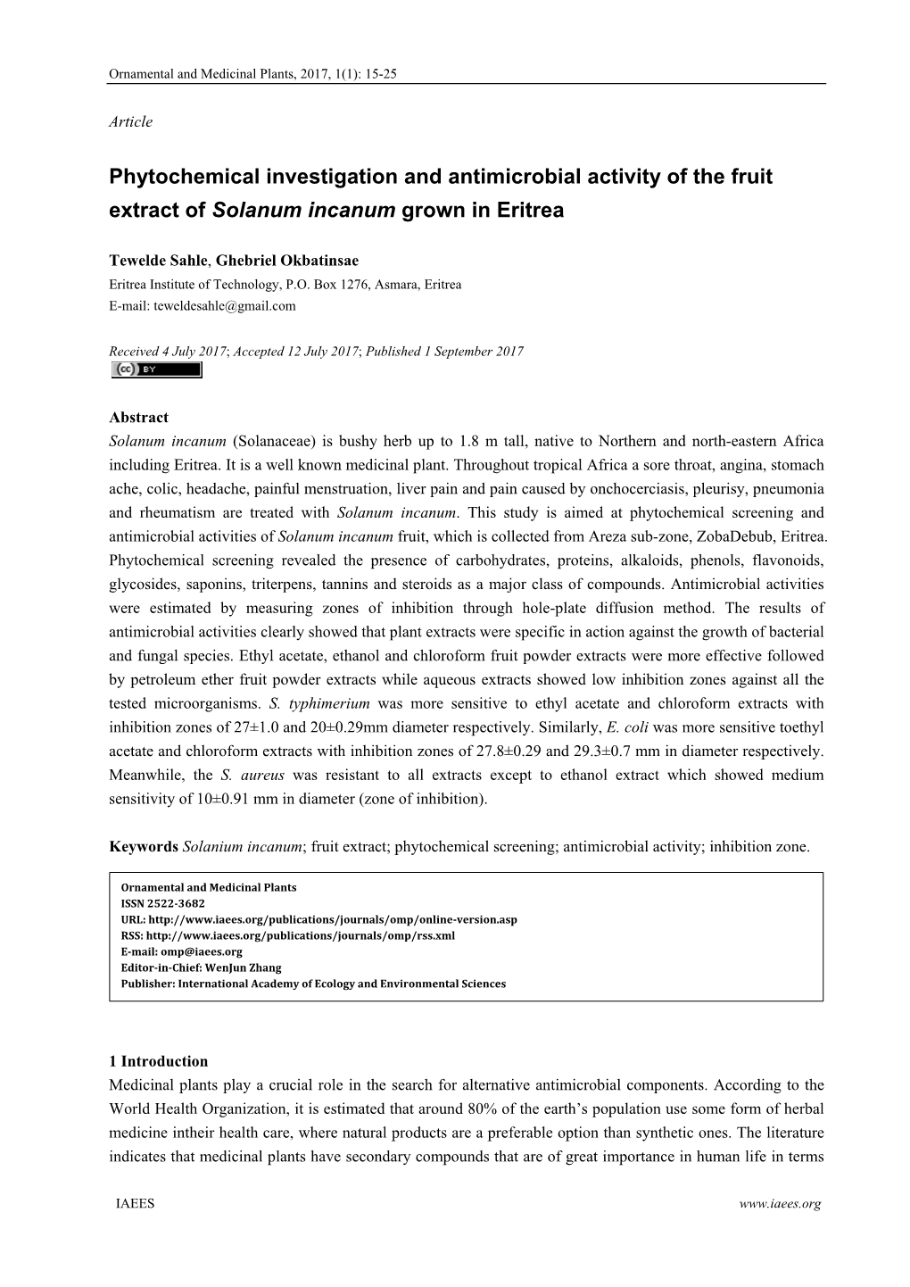 Phytochemical Investigation and Antimicrobial Activity of the Fruit Extract of Solanum Incanum Grown in Eritrea