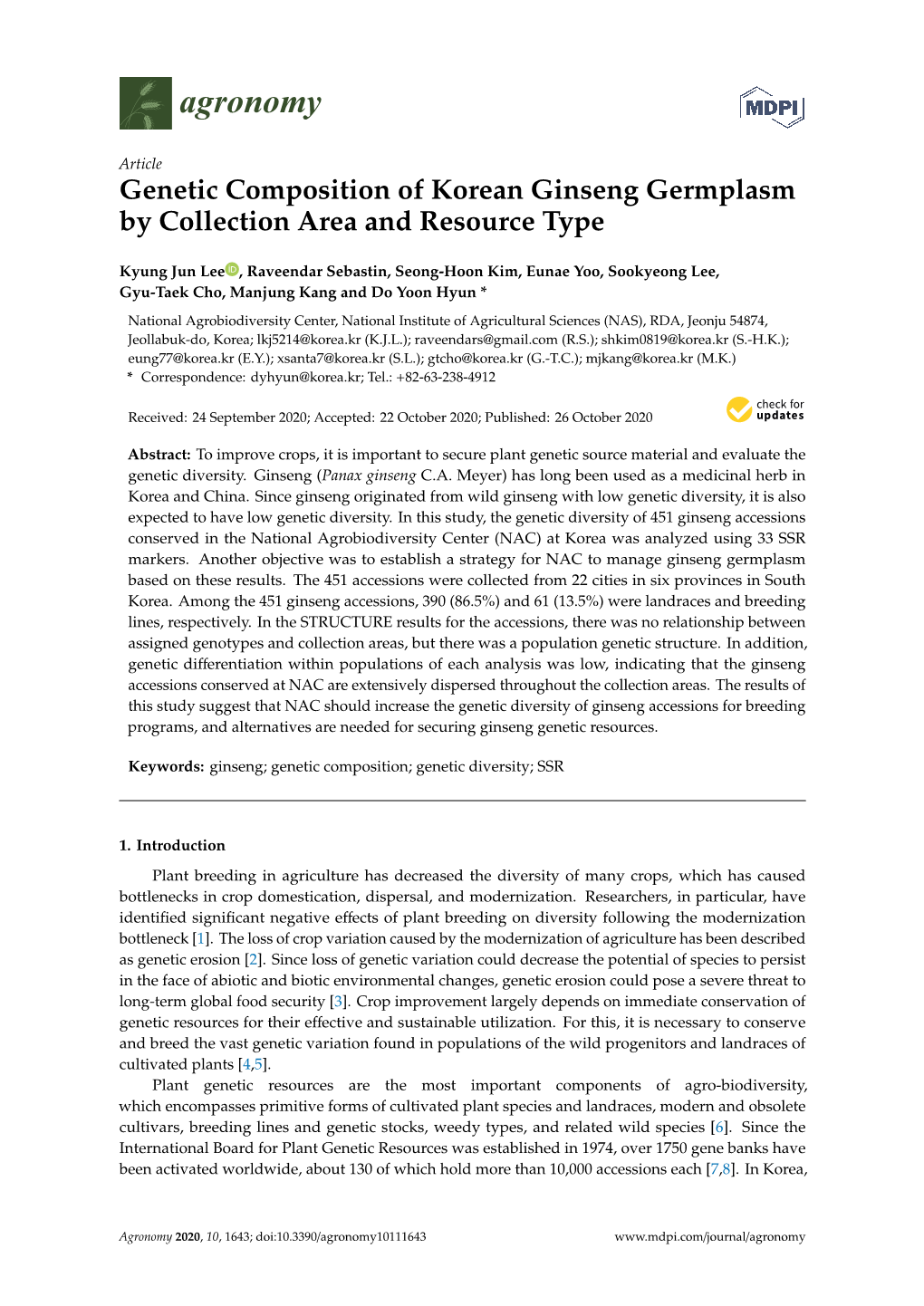 Genetic Composition of Korean Ginseng Germplasm by Collection Area and Resource Type