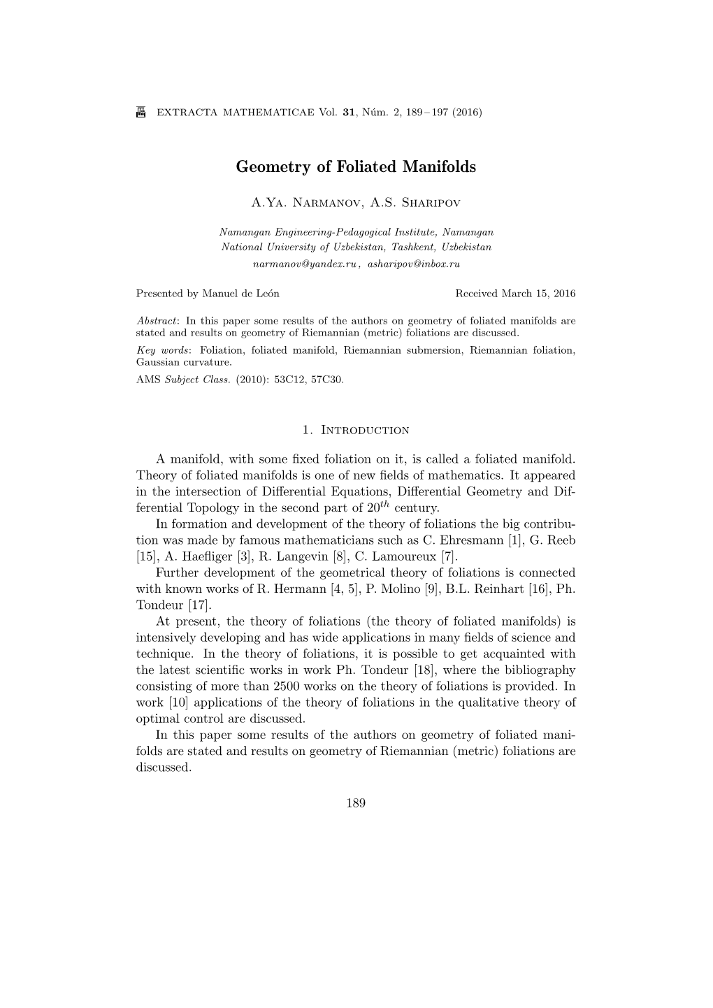 Geometry of Foliated Manifolds