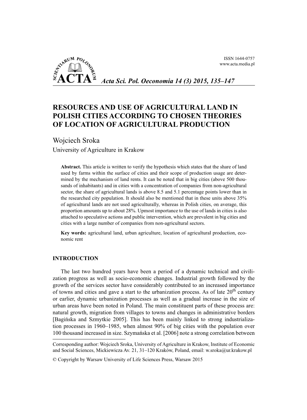 Resources and Use of Agricultural Land in Polish Cities According to Chosen Theories of Location of Agricultural Production