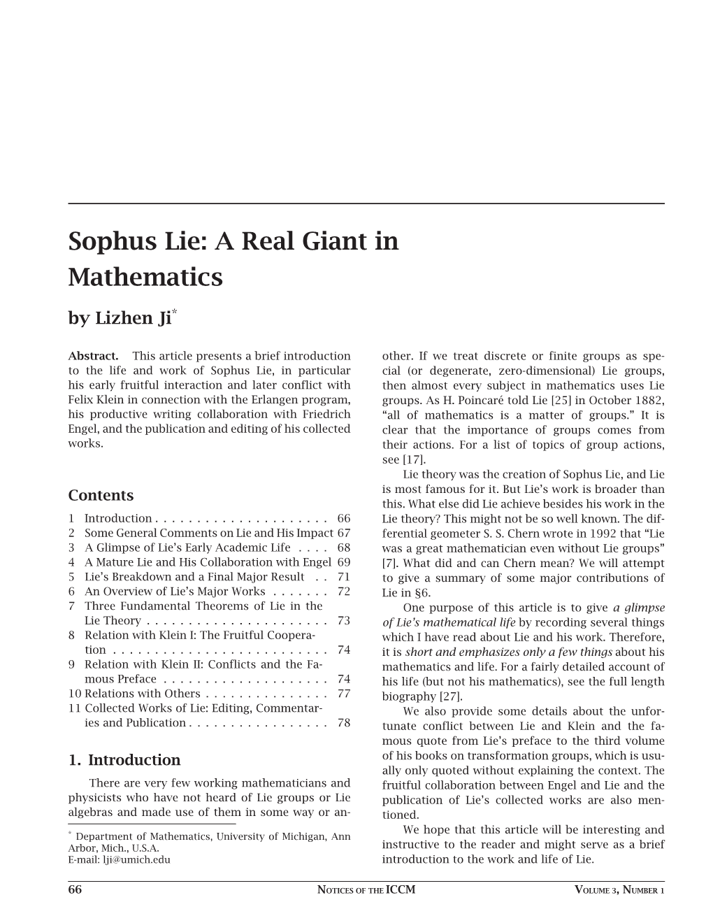 Sophus Lie: a Real Giant in Mathematics by Lizhen Ji*