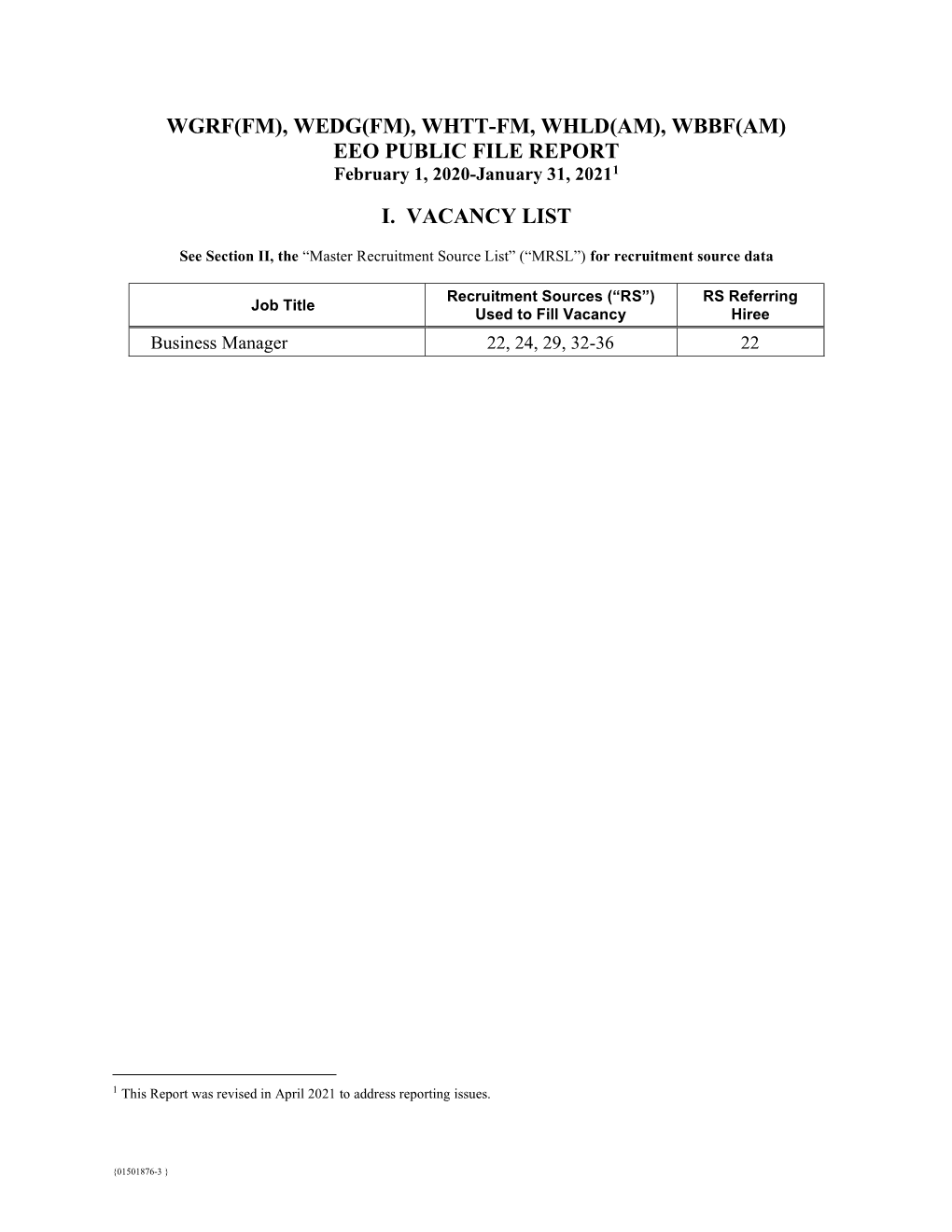 WGRF(FM), WEDG(FM), WHTT-FM, WHLD(AM), WBBF(AM) EEO PUBLIC FILE REPORT February 1, 2020-January 31, 20211