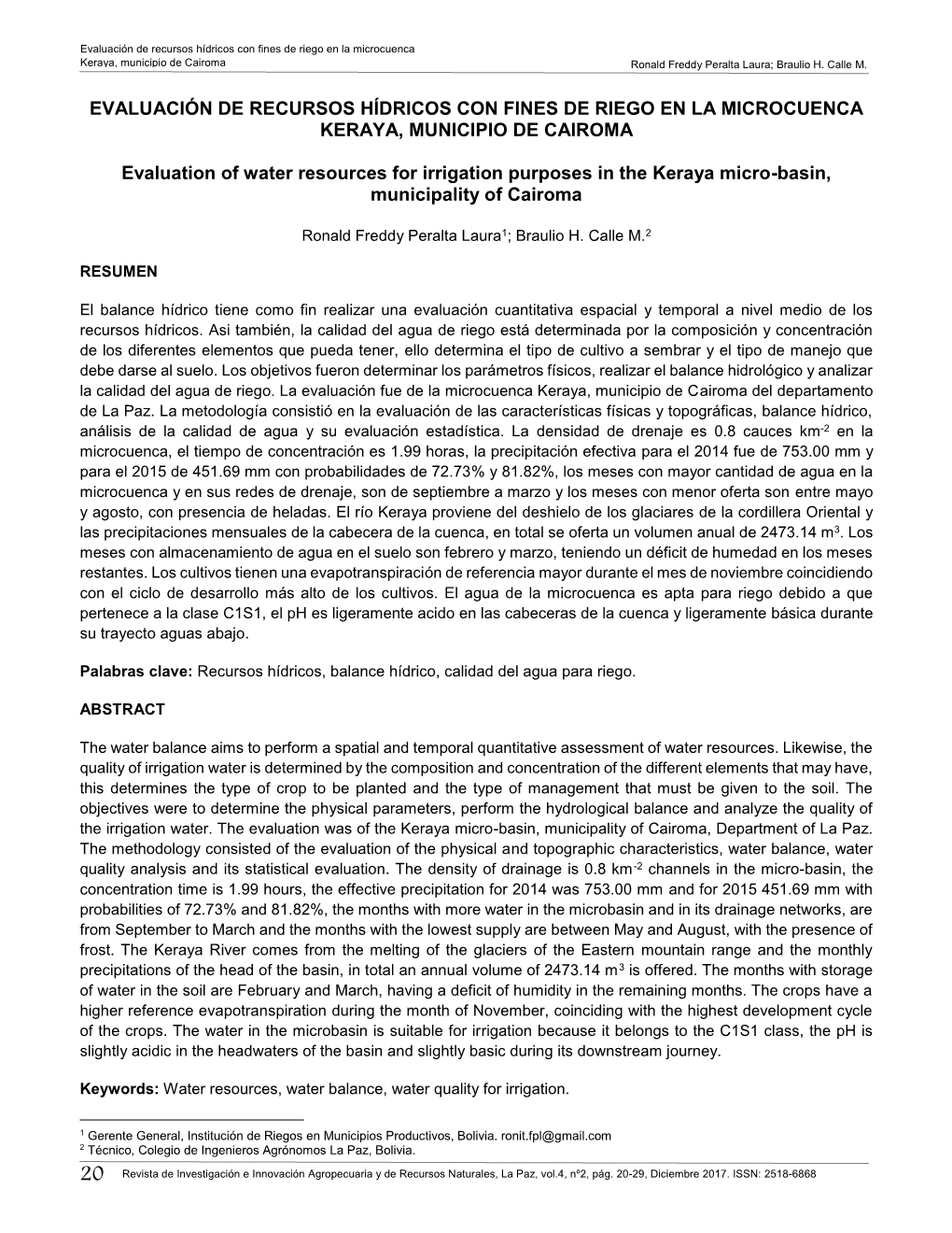 Evaluación De Recursos Hídricos Con Fines De Riego En La Microcuenca Keraya, Municipio De Cairoma Ronald Freddy Peralta Laura; Braulio H