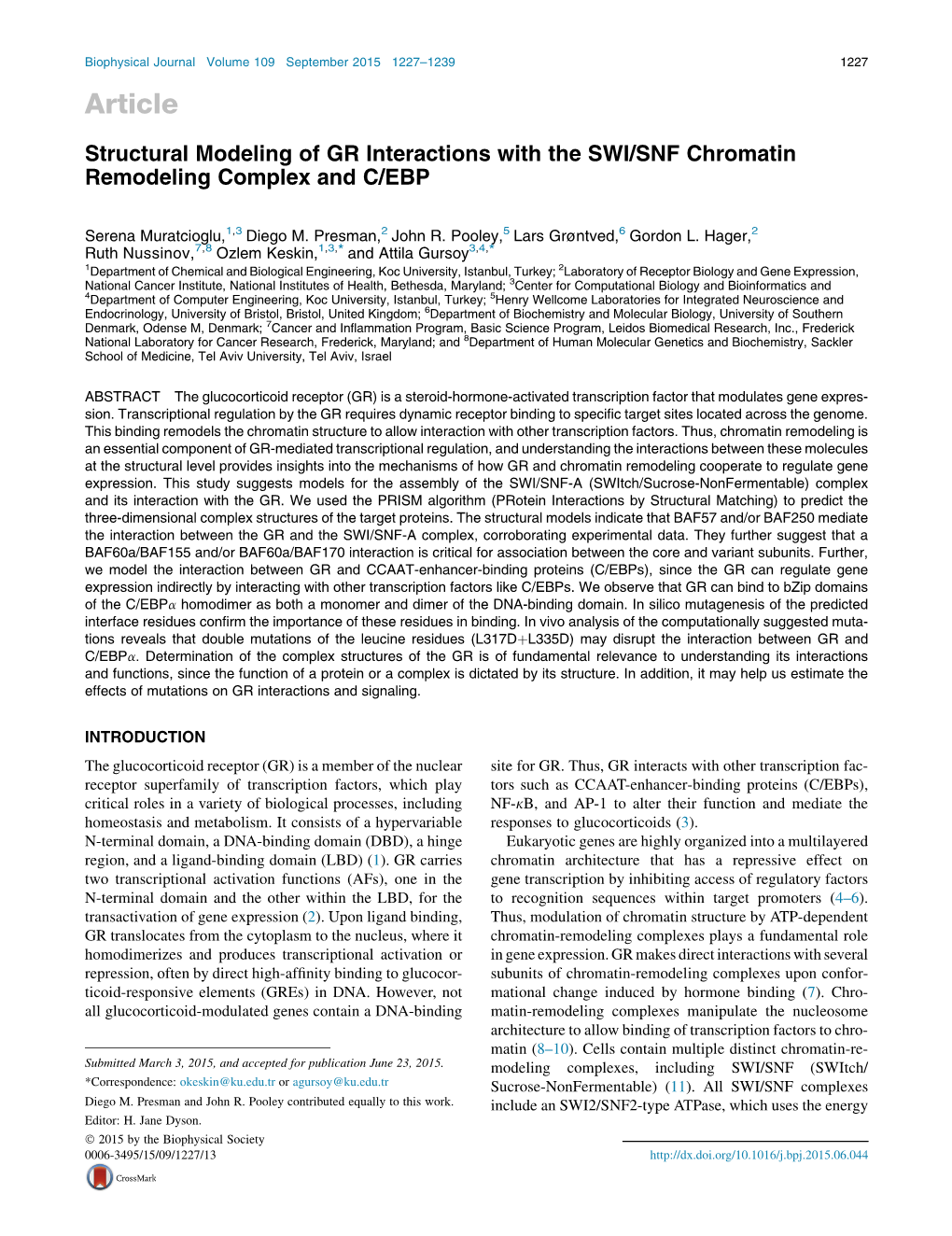 Structural Modeling of GR Interactions with the SWI/SNF Chromatin Remodeling Complex and C/EBP