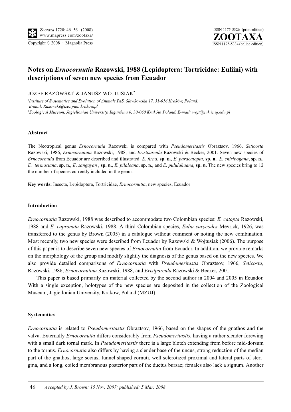 Zootaxa, Notes on Ernocornutia Razowski, 1988