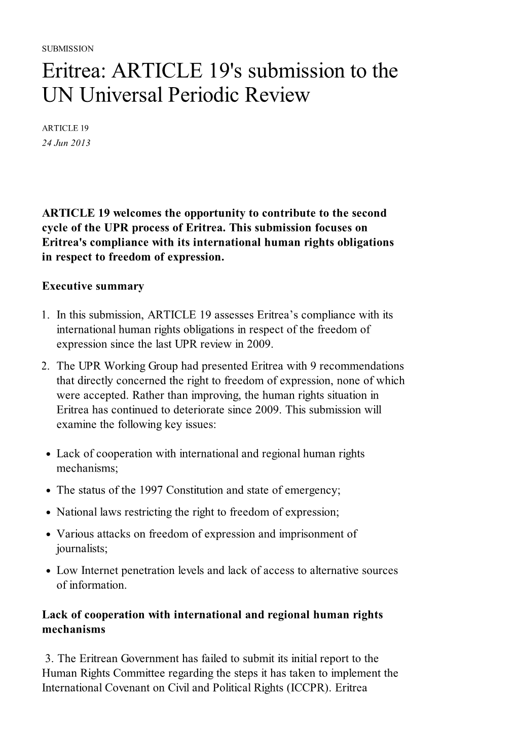 Eritrea: ARTICLE 19'S Submission to the UN Universal Periodic Review