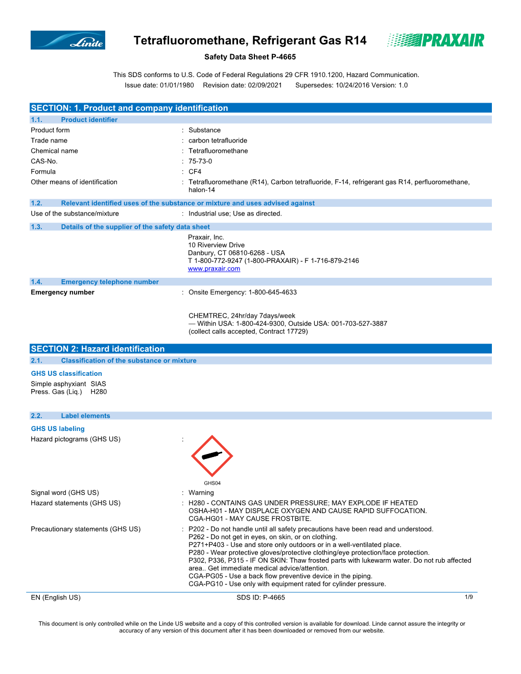 Tetrafluoromethane, Refrigerant Gas R14