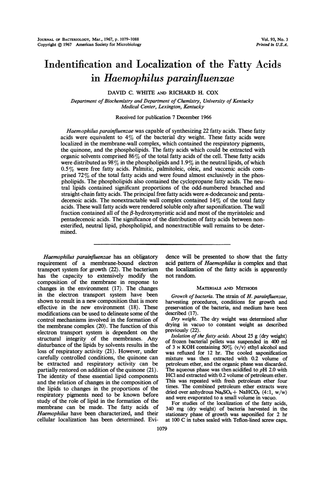 Indentification and Localization of the Fatty Acids in Haemophilus Parainfluenzae