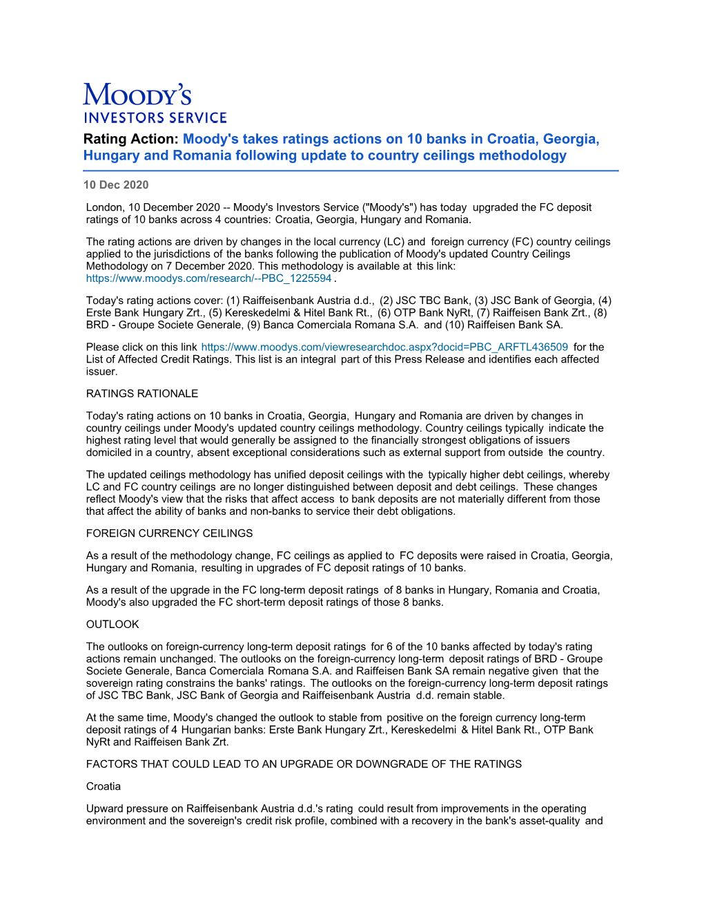 Rating Action: Moody's Takes Ratings Actions on 10 Banks in Croatia, Georgia, Hungary and Romania Following Update to Country Ceilings Methodology