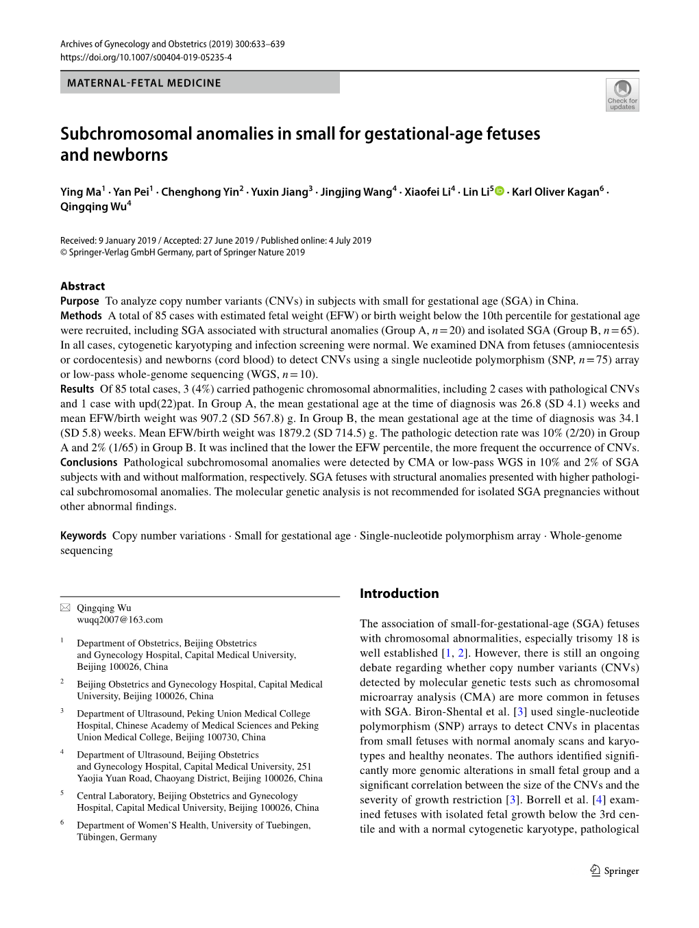 Subchromosomal Anomalies in Small for Gestational-Age Fetuses And