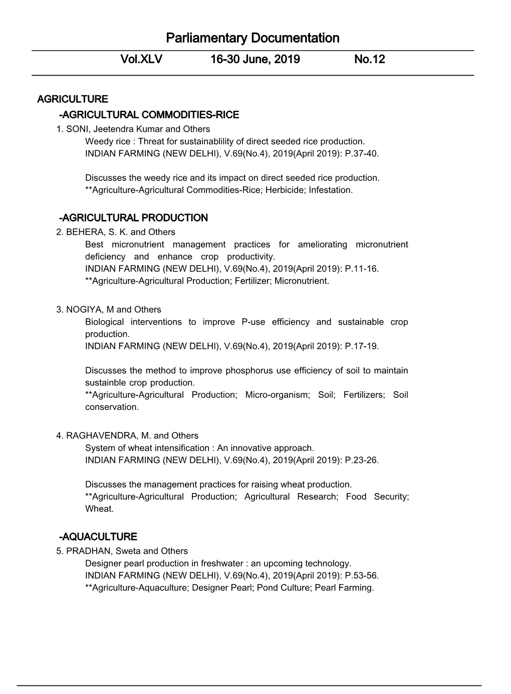 Parliamentary Documentation Vol.XLV 16-30 June, 2019 No.12