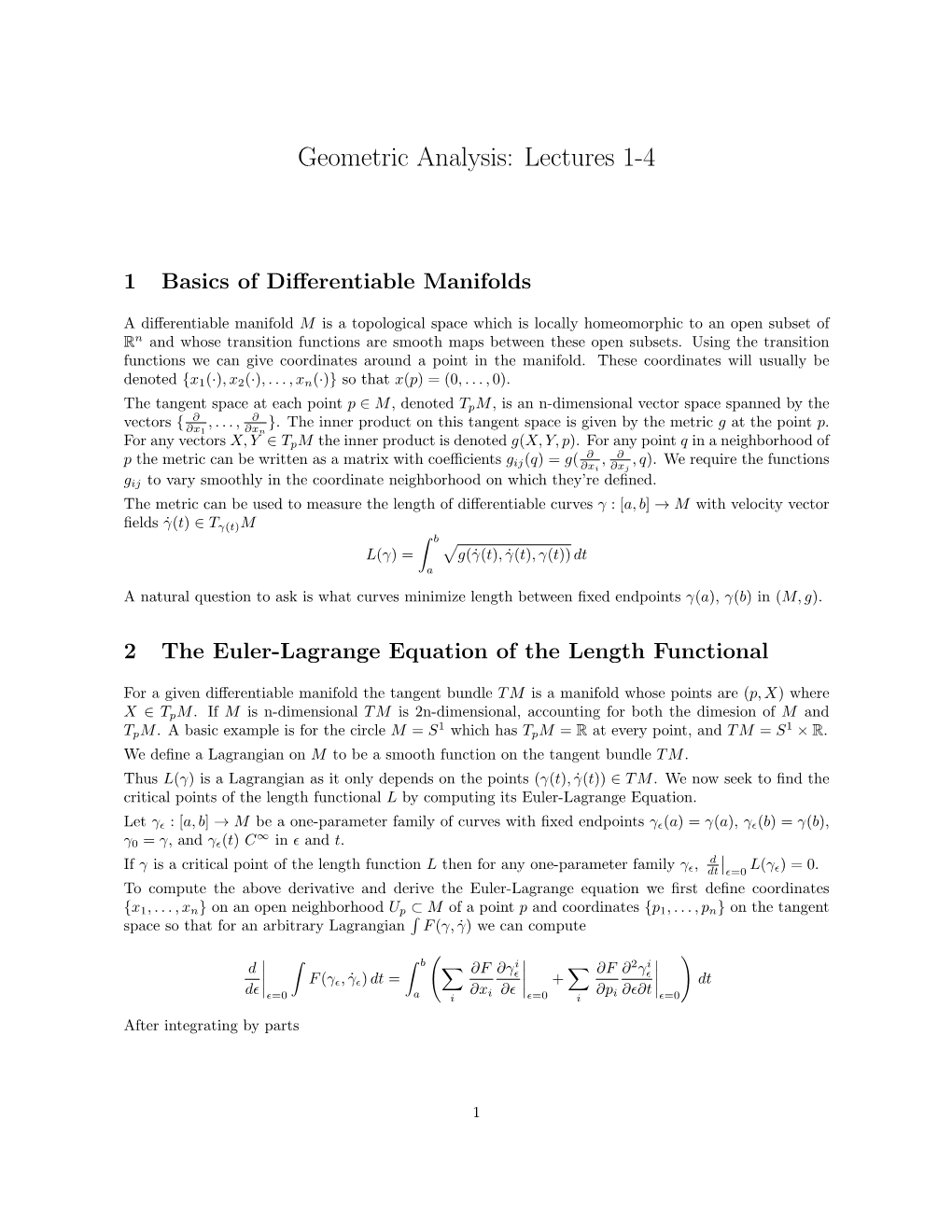 Geometric Analysis: Lectures 1-4