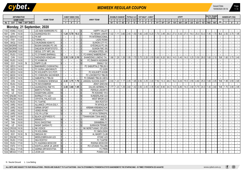 Midweek Regular Coupon 19/09/2020 09:14 1 / 4