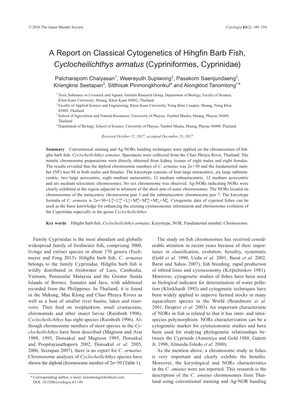 A Report on Classical Cytogenetics of Hihgfin Barb Fish, Cyclocheilichthys