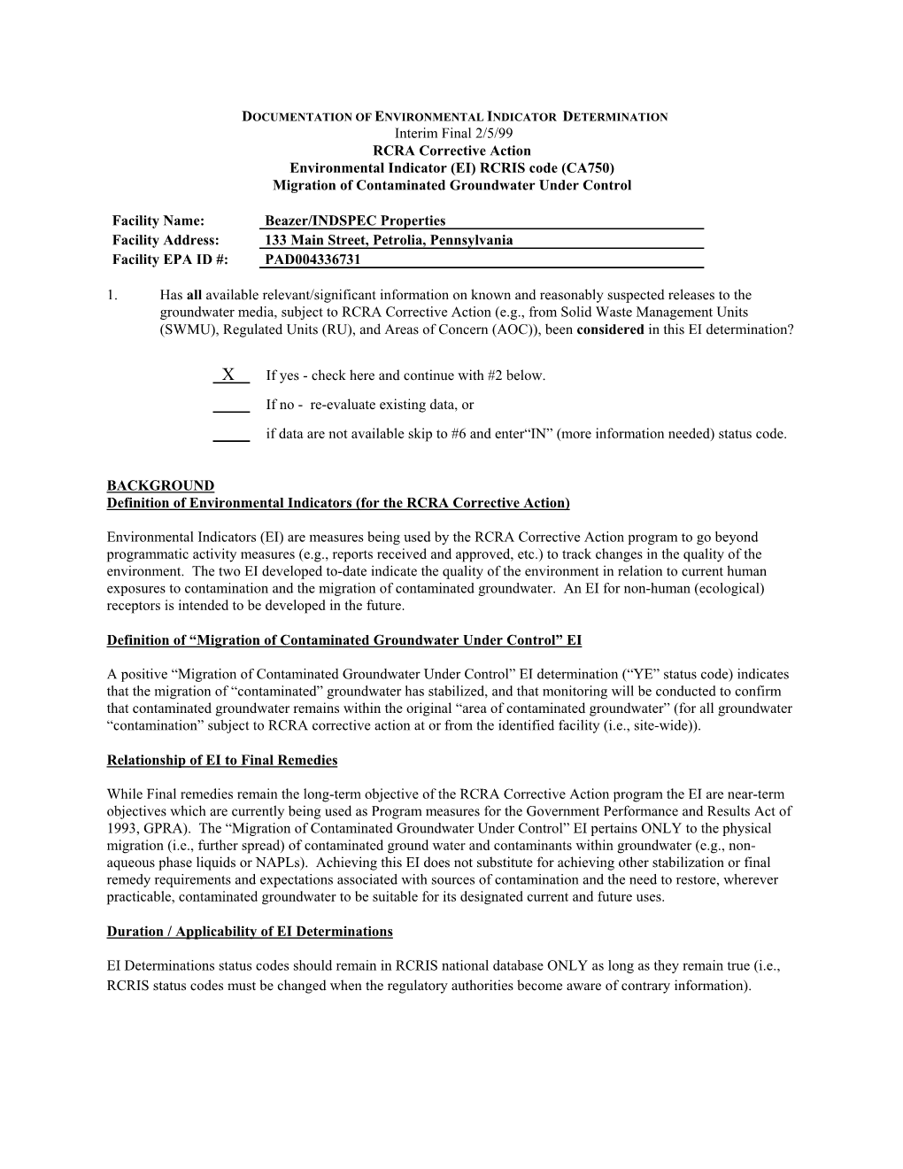 Environmental Indicator Groundwater Indspec Chemical Corporation