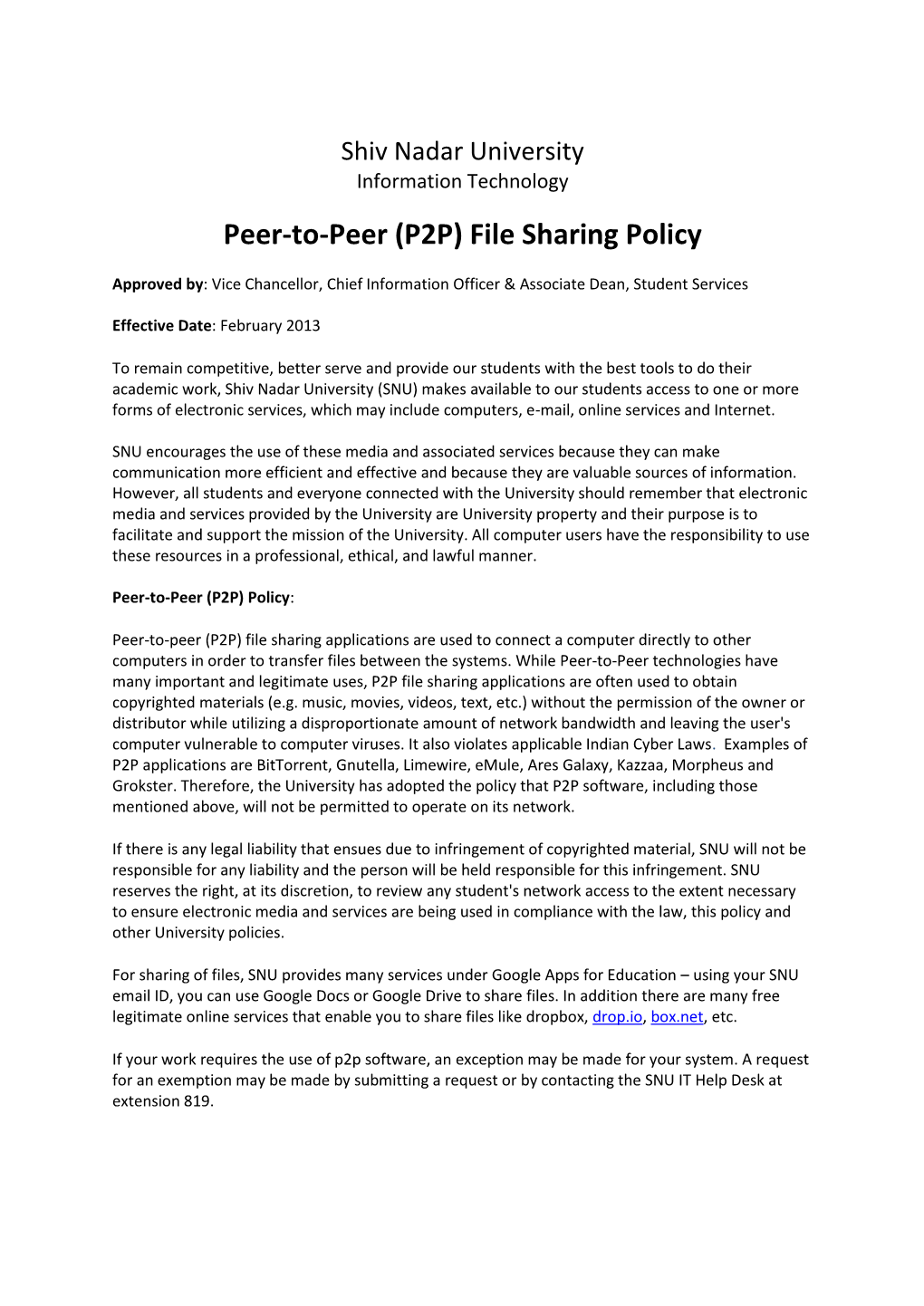 Peer-To-Peer (P2P) File Sharing Policy