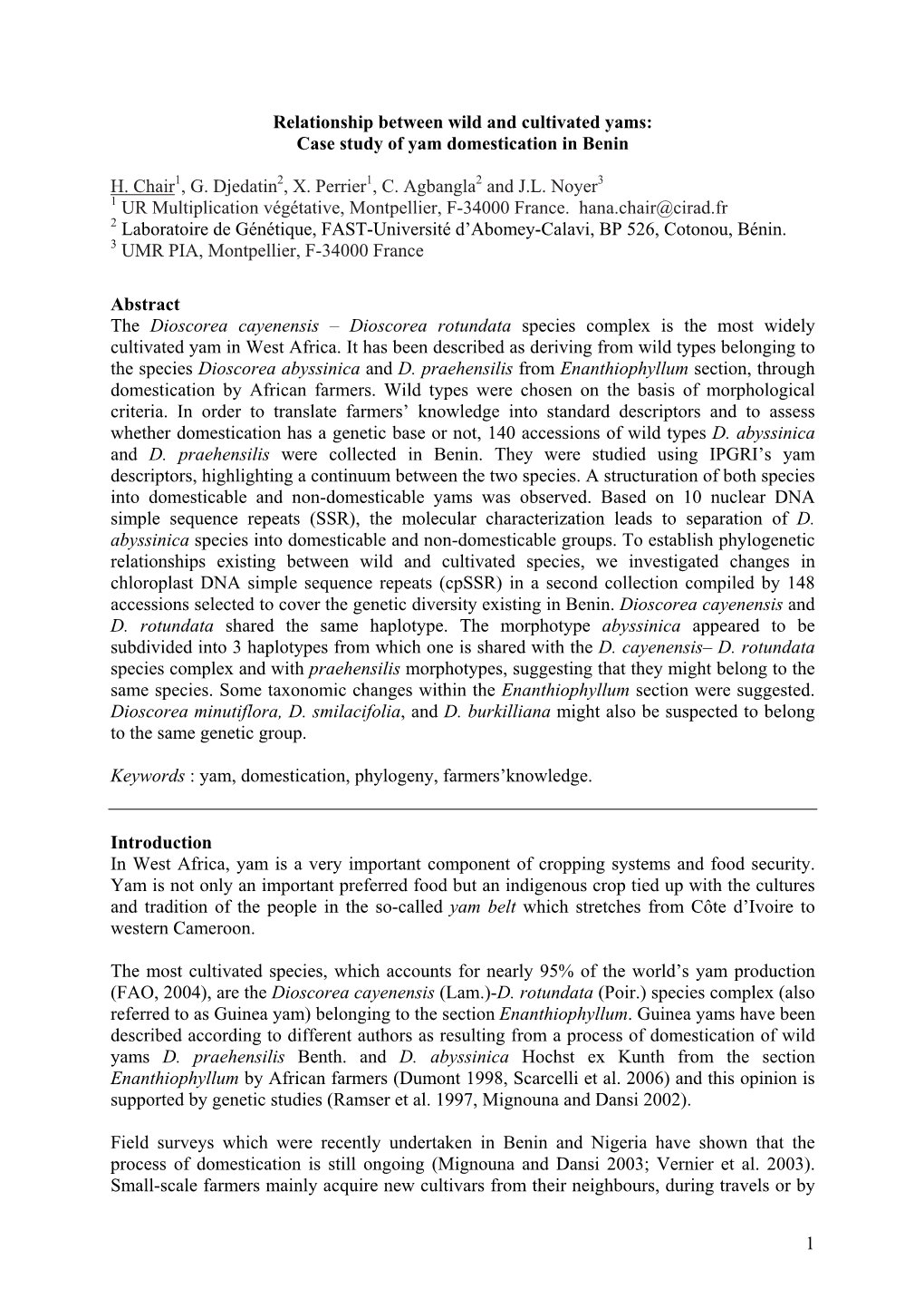 Relationship Between Wild and Cultivated Yams: Case Study of Yam Domestication in Benin