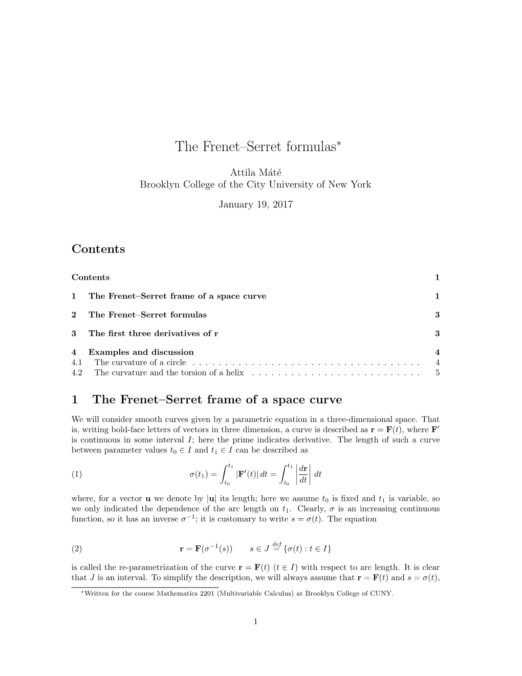 The Frenet–Serret Formulas∗