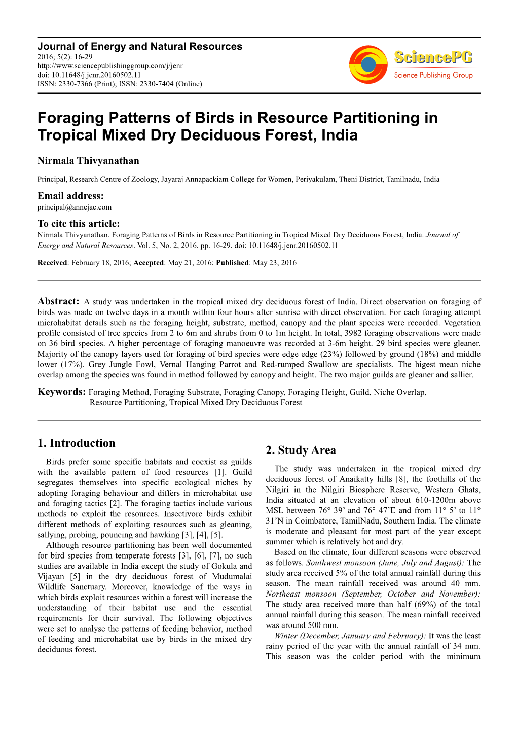 Foraging Patterns of Birds in Resource Partitioning in Tropical Mixed Dry Deciduous Forest, India