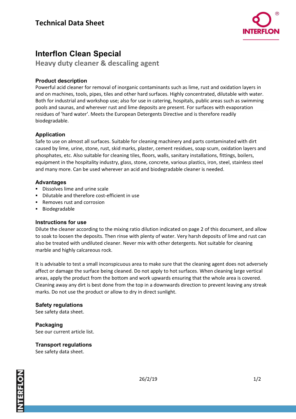 Technical Data Sheet Interflon Clean Special Heavy Duty Cleaner