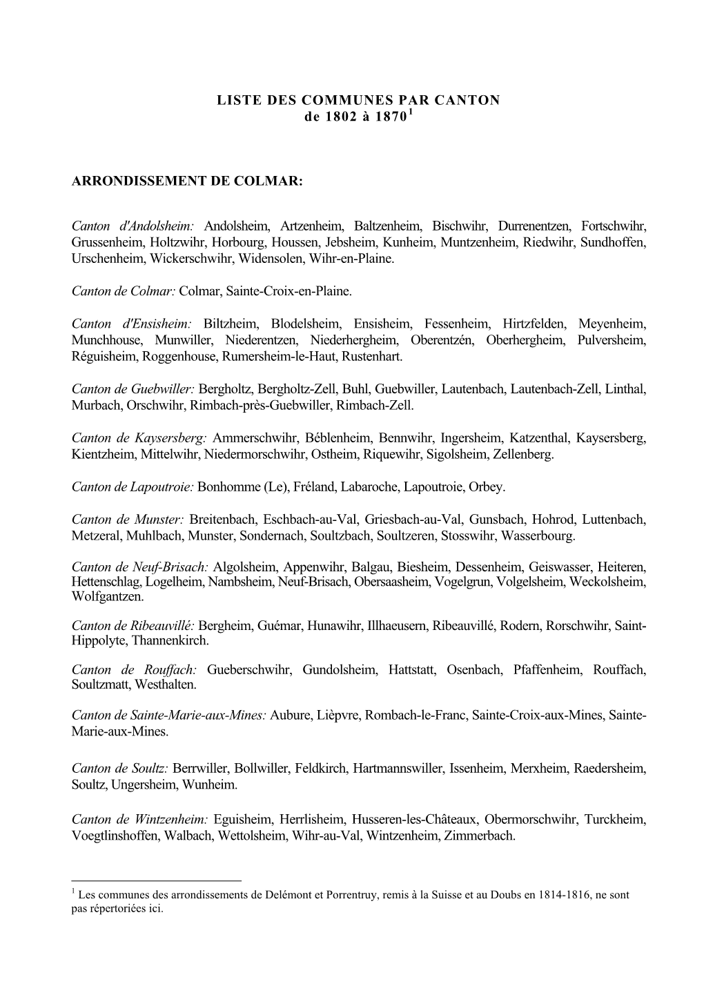 LISTE DES COMMUNES PAR CANTON De 1802 À 18701