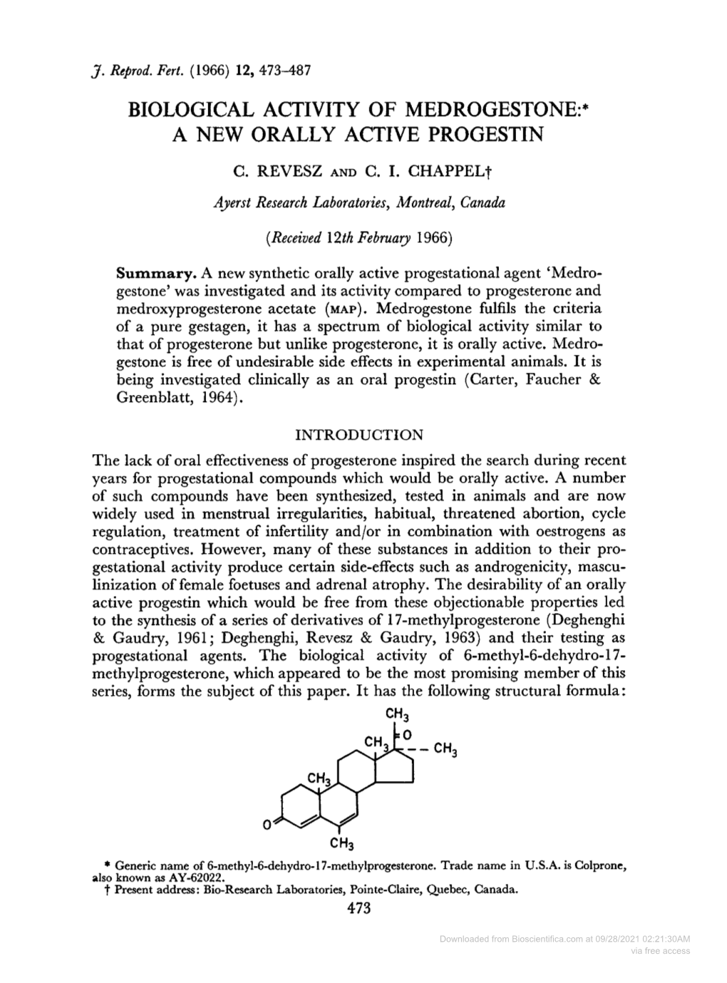 Biological Activity of Medrogestone a New Orally Active Progestin