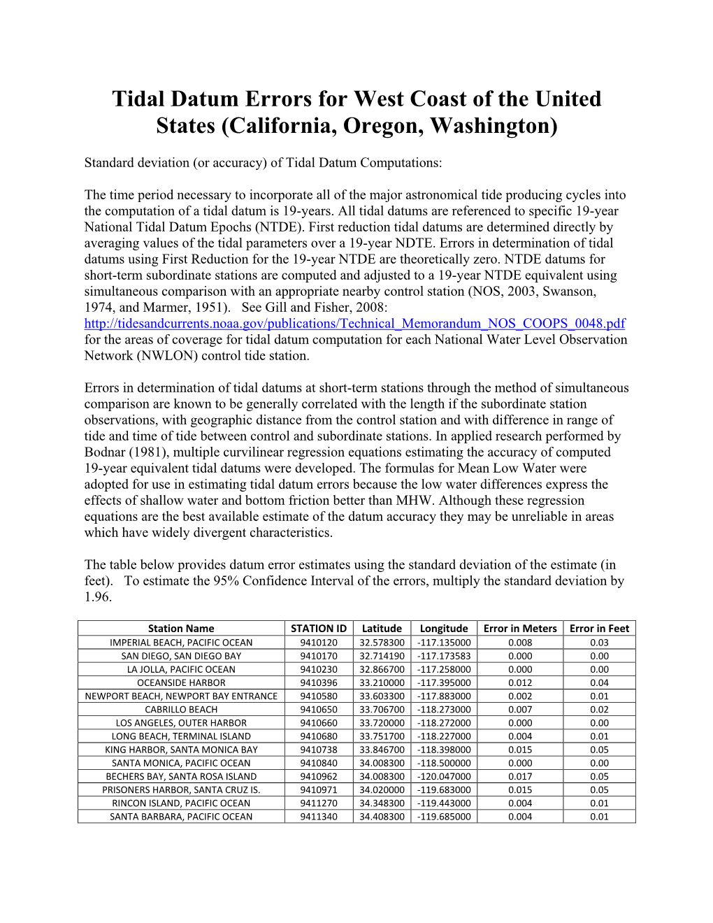 Datum Errors for West Coast of the United States (California, Oregon, Washington)