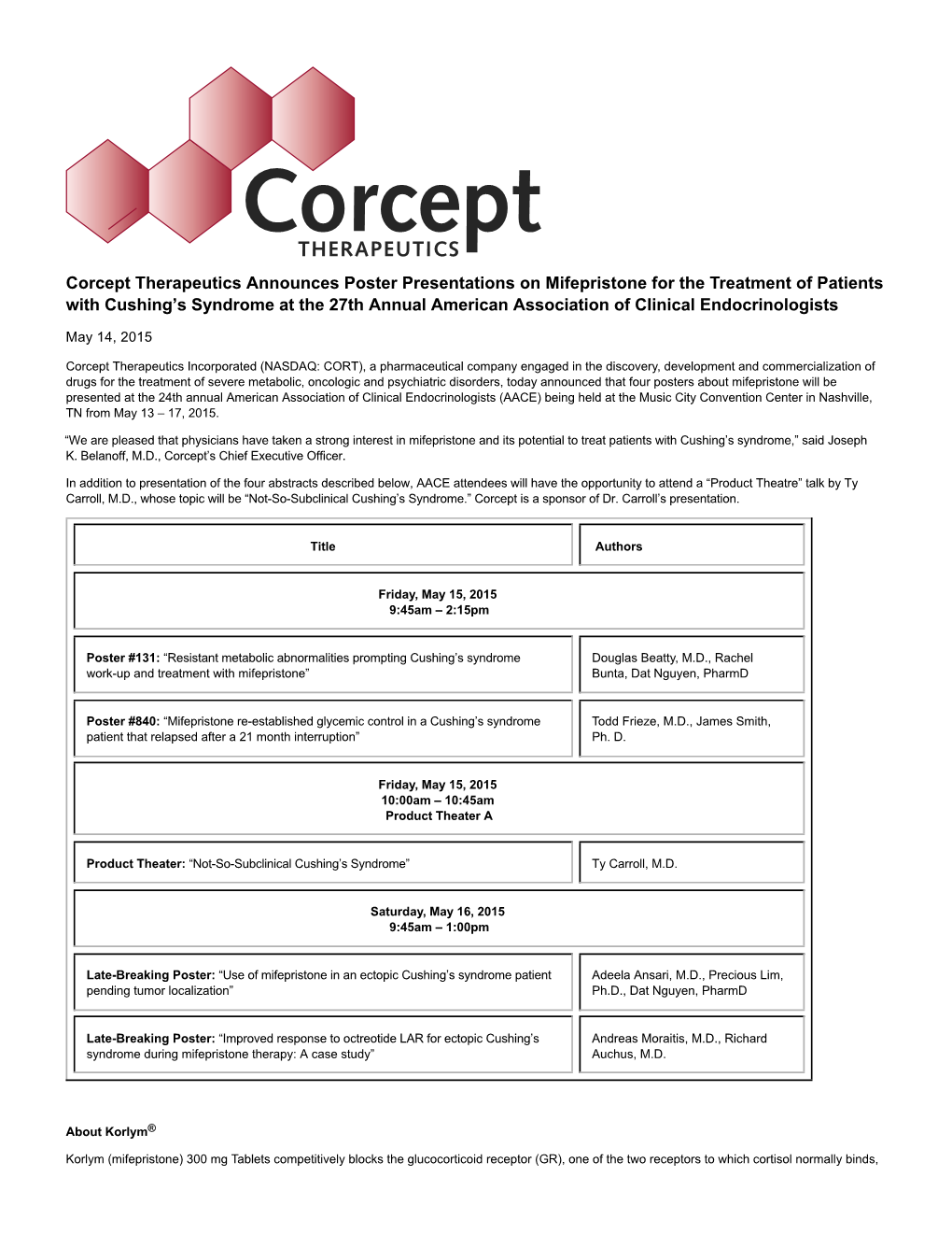 Corcept Therapeutics Announces Poster Presentations On