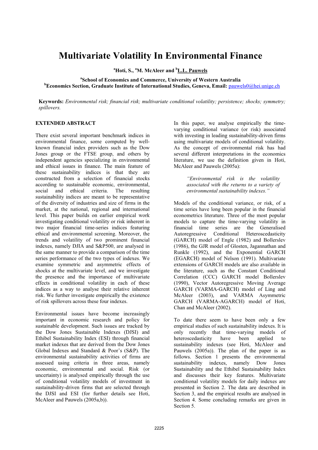 Multivariate Volatility in Environmental Finance Hoti, S., M