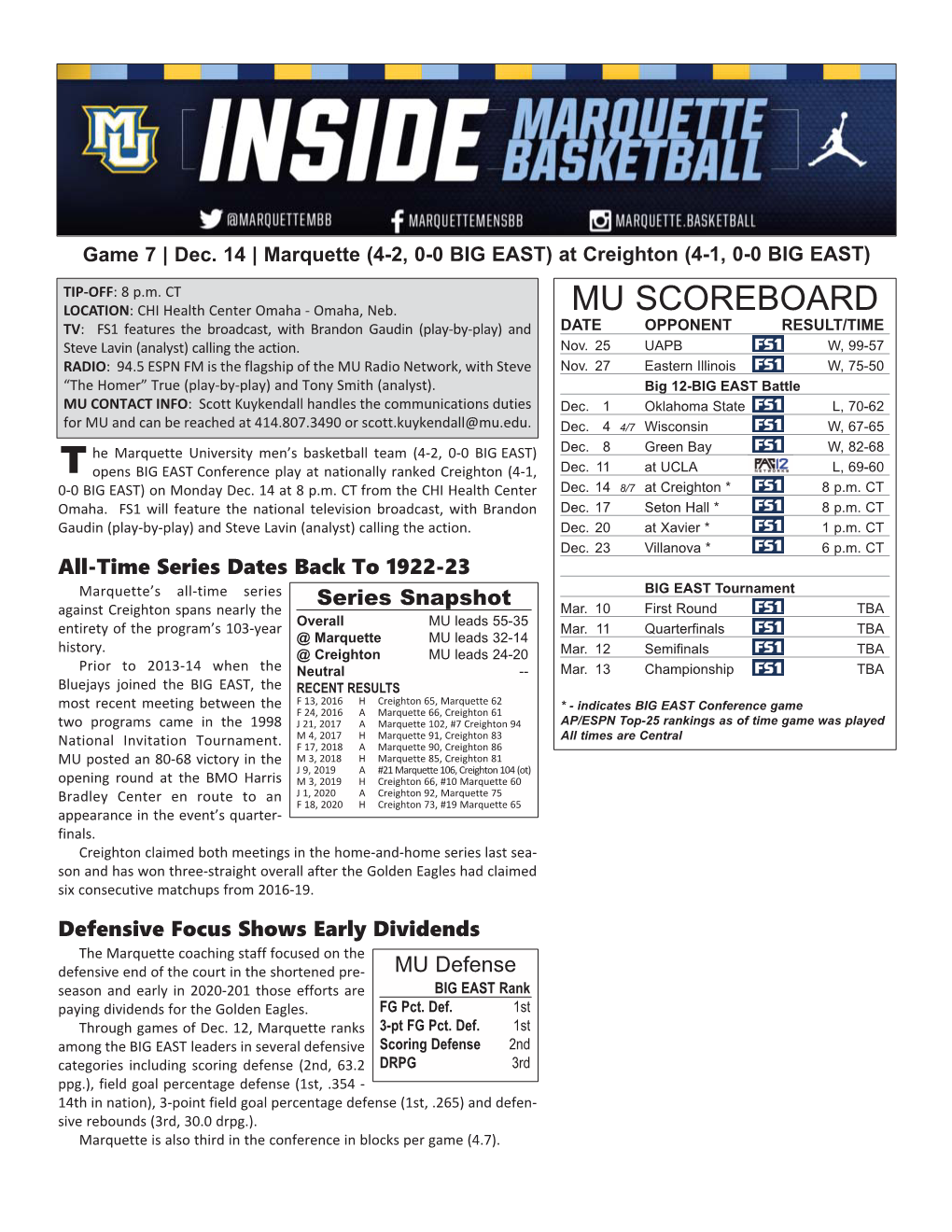 Marquette Game Notes Page 2 INJURY REPORT LAST GAME STARTERS Player (Injury) Status NAME POS