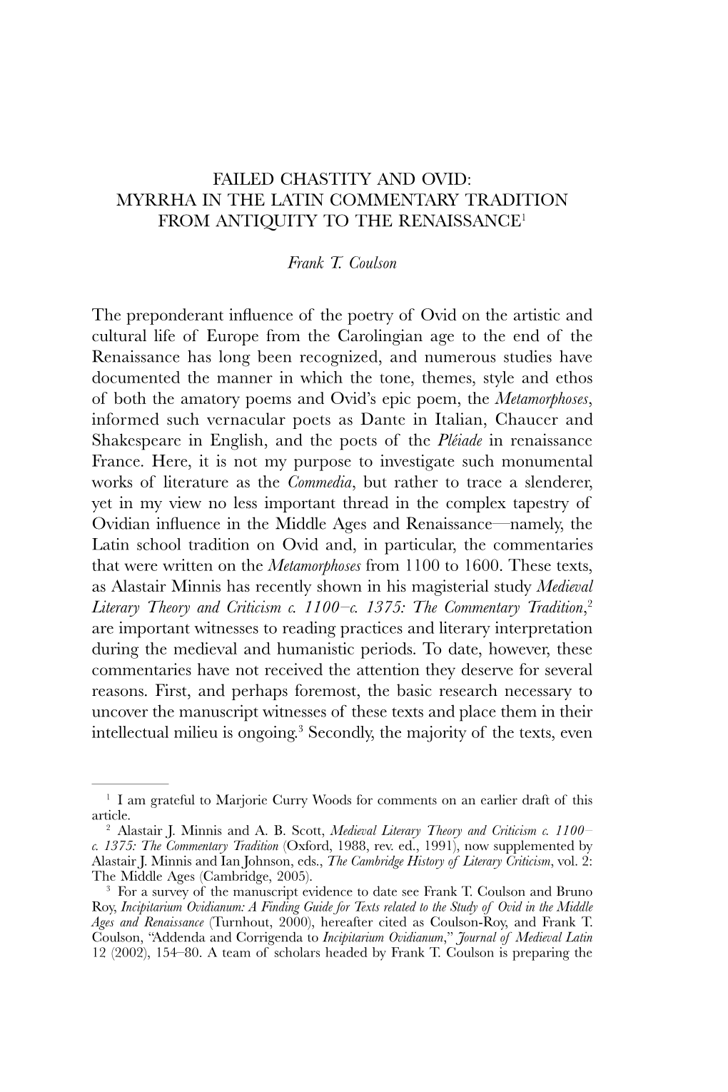 Failed Chastity and Ovid: Myrrha in the Latin Commentary Tradition from Antiquity to the Renaissance1