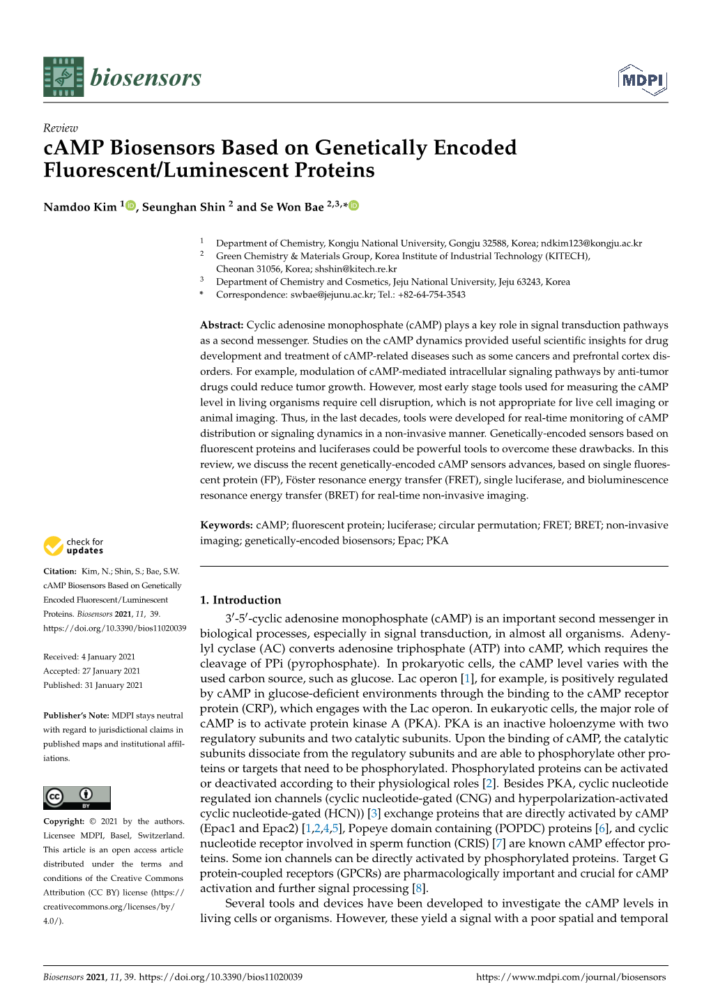 Camp Biosensors Based on Genetically Encoded Fluorescent/Luminescent Proteins