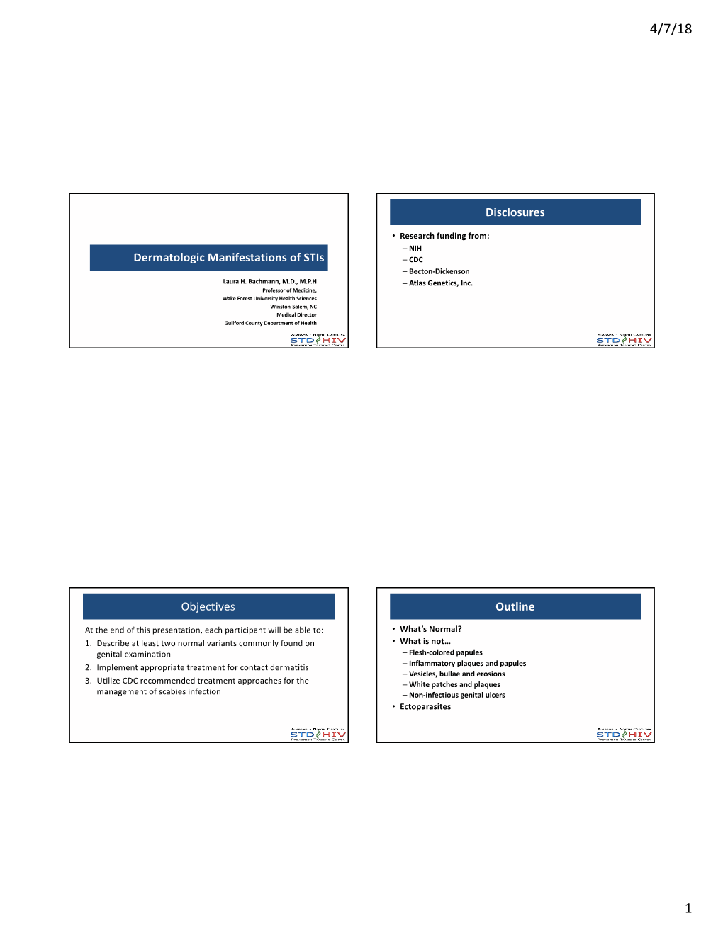 Dermatologic Manifestations of Stis Disclosures Objectives Outline